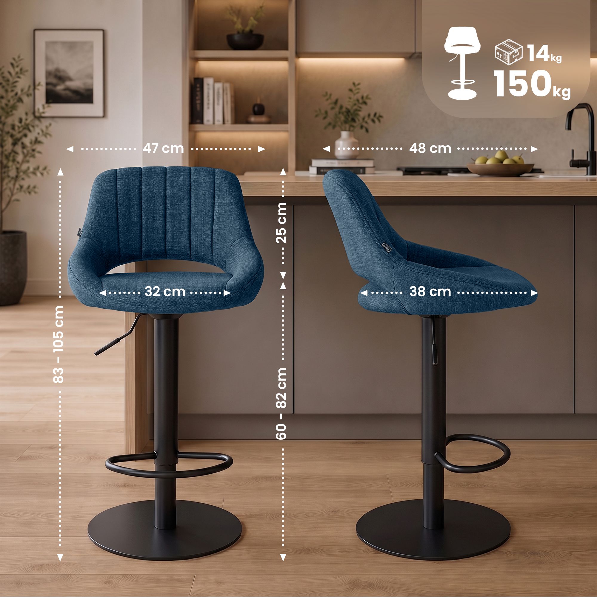2er Set Barhocker Milet Schwarz mit extra schweren Standfüßen