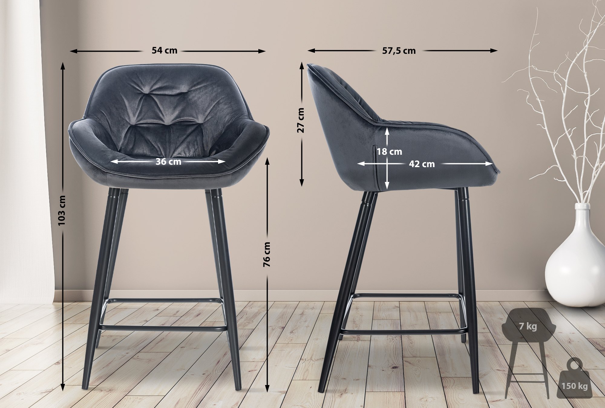 Barhocker Gibson Samt Sitzhöhe 76 cm