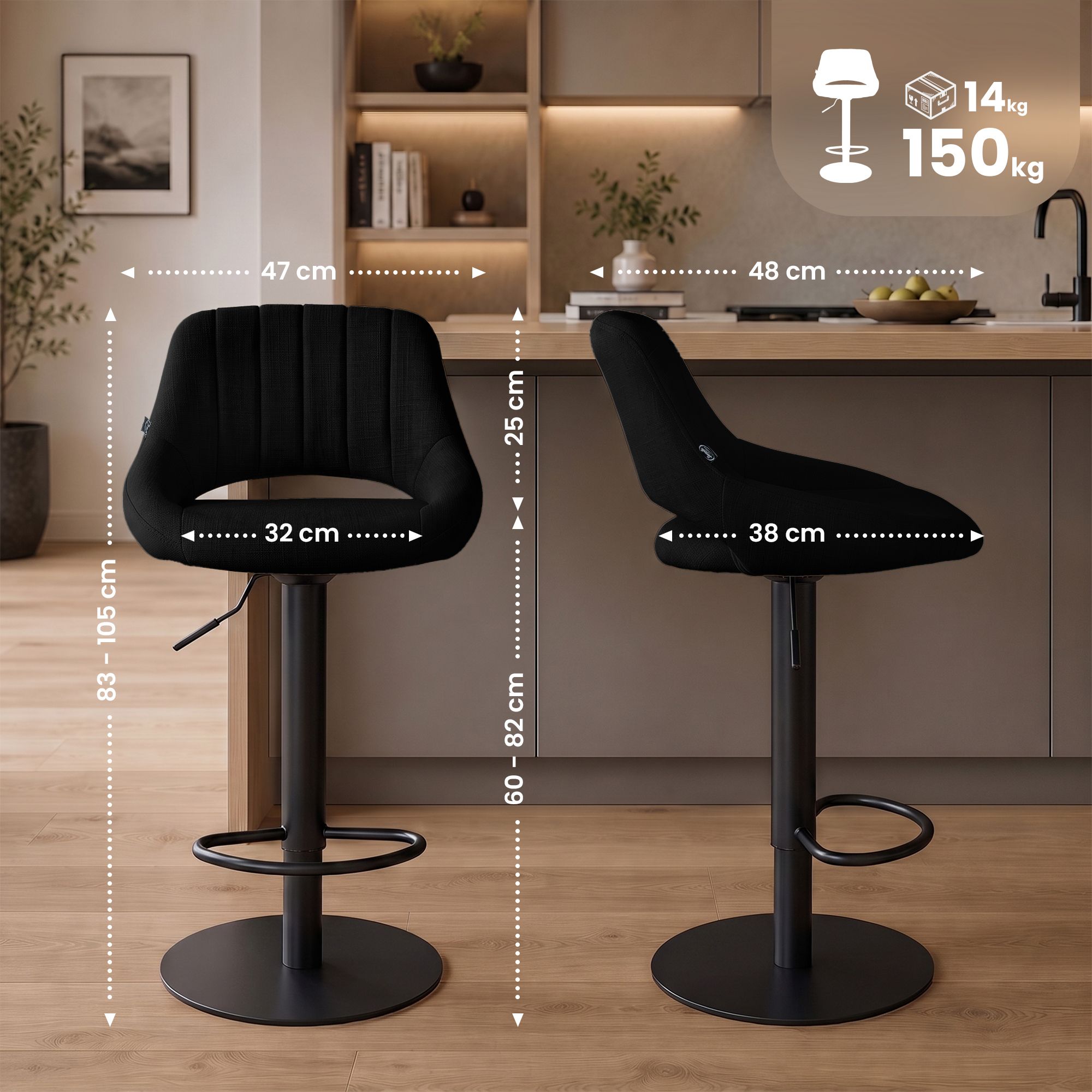Barhocker Milet Schwarz mit extra schwerem Standfuß