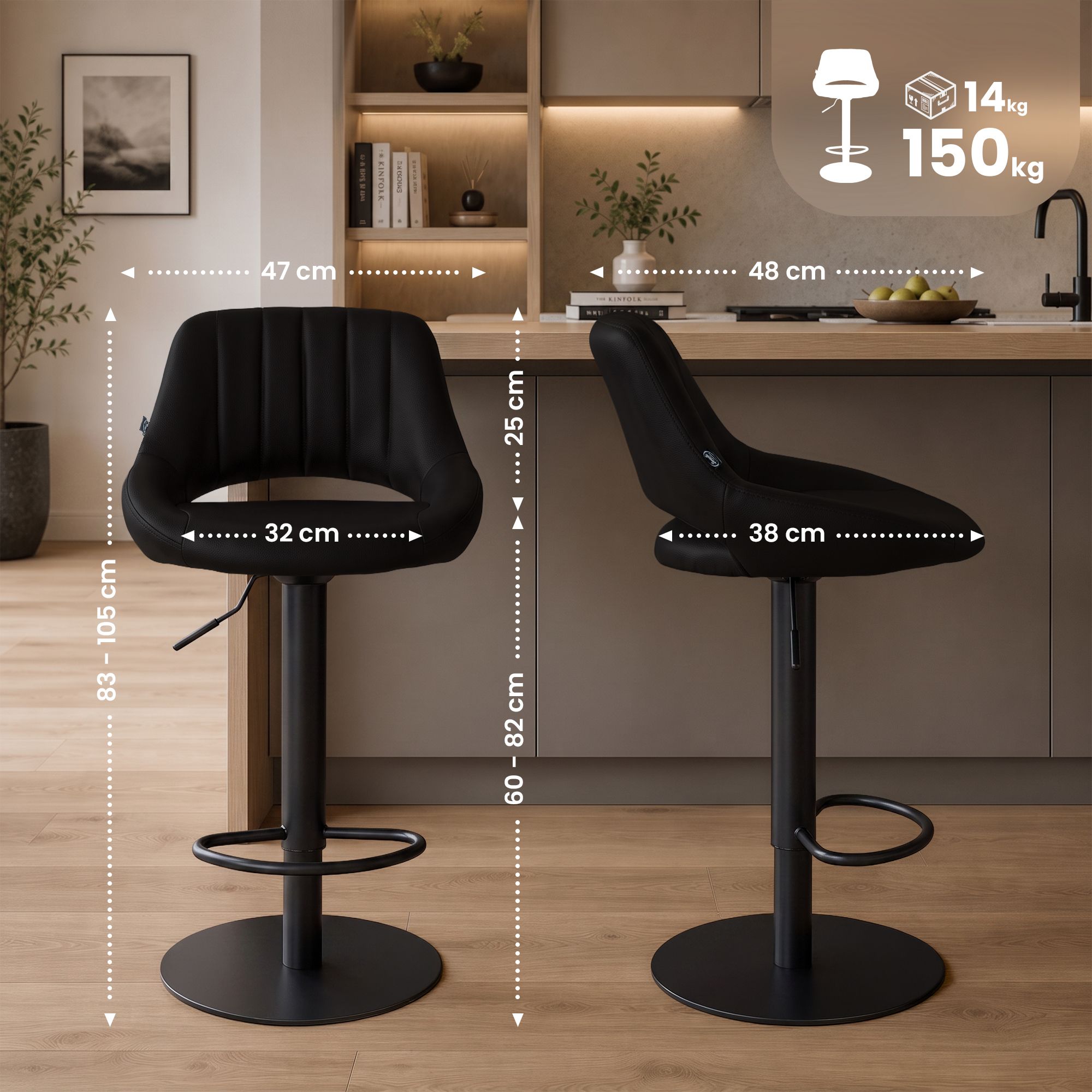 2er Set Barhocker Milet Schwarz mit extra schweren Standfüßen