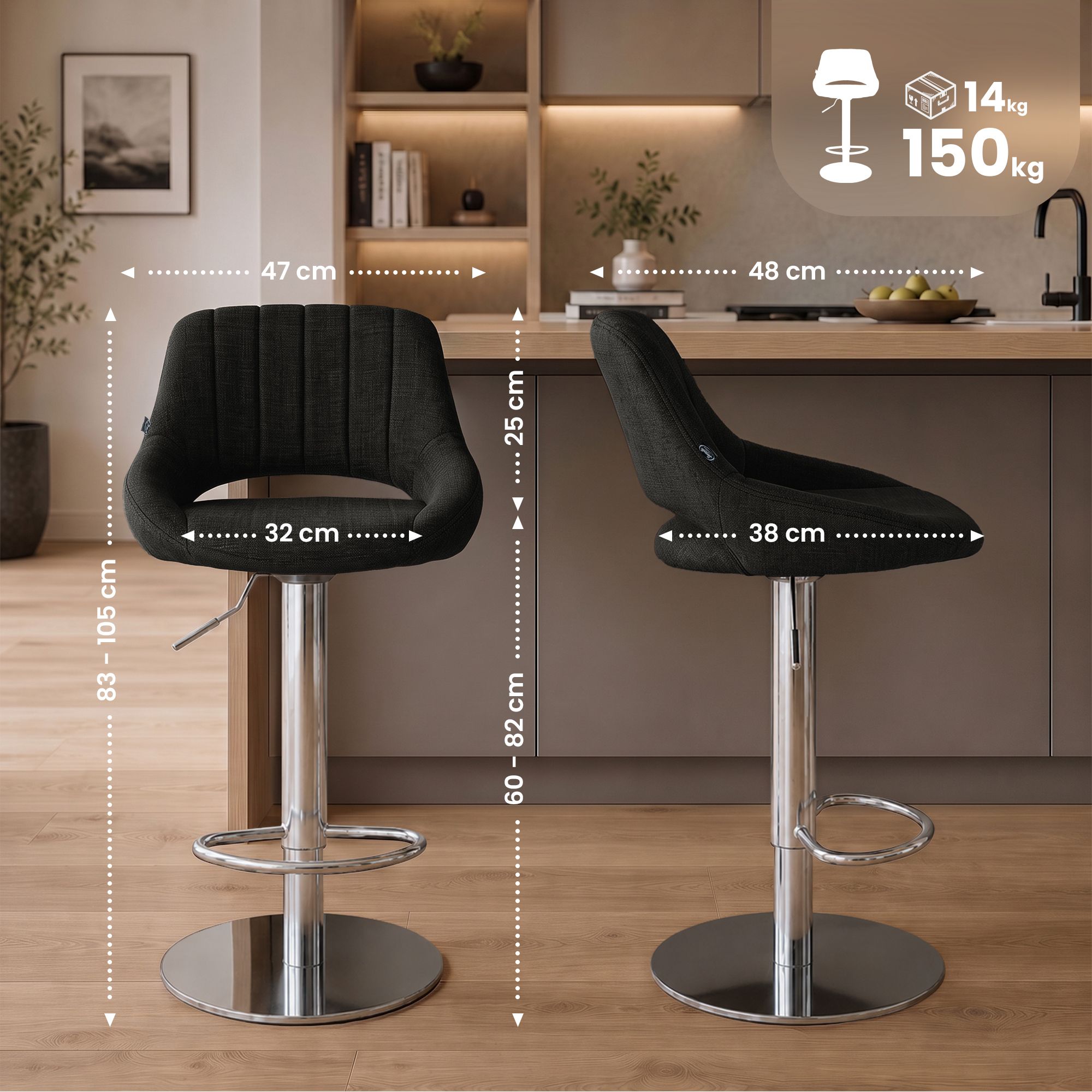 2er Set Barhocker Milet Chrom mit extra schweren Standfüßen
