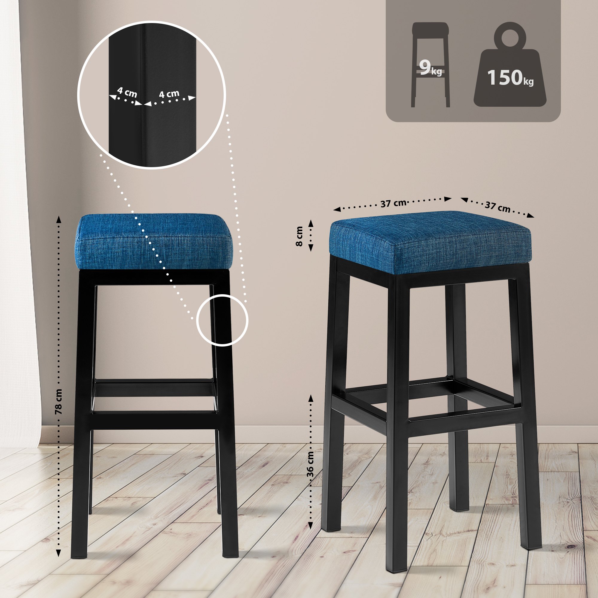 Barhocker Taylor Stoffbezug Sitzhöhe 78 cm Metallgestell schwarz