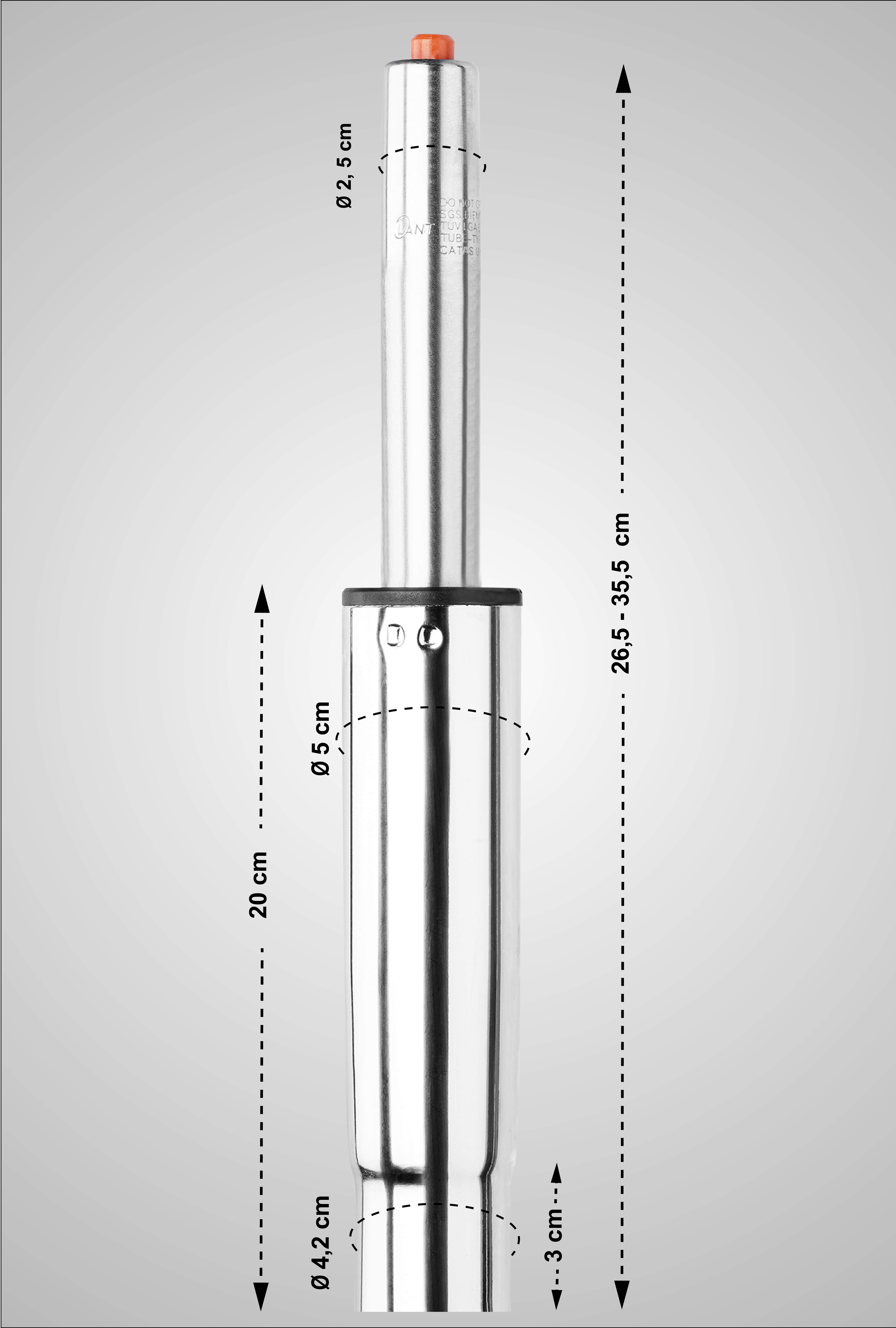 Gasdruckfeder für Bürostühle chrom Ø 5cm, Länge 266-355mm