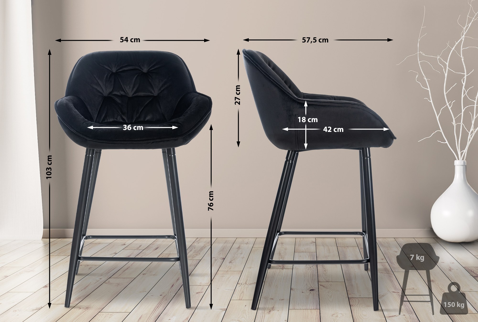 2er Set Barhocker Gibson Samt Sitzhöhe 76 cm