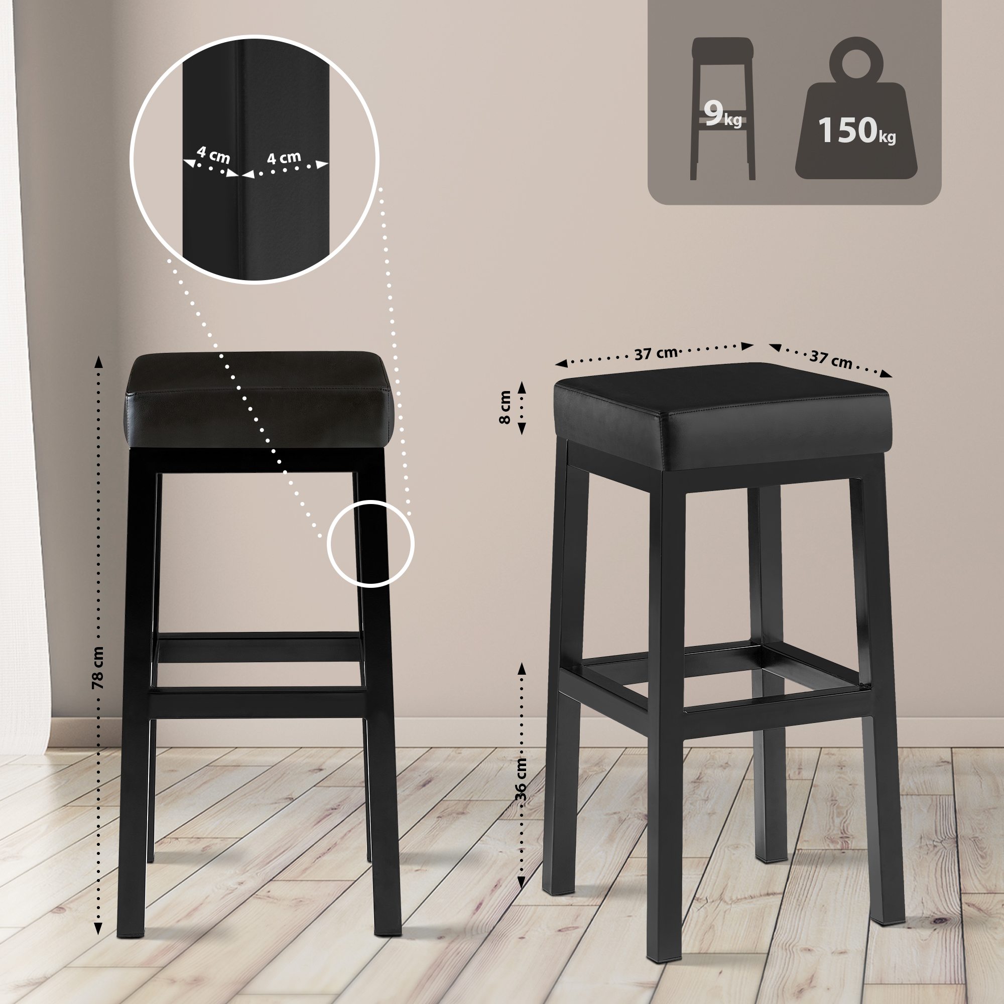 Barhocker Taylor Kunstlederbezug Sitzhöhe 78 cm Metallgestell schwarz