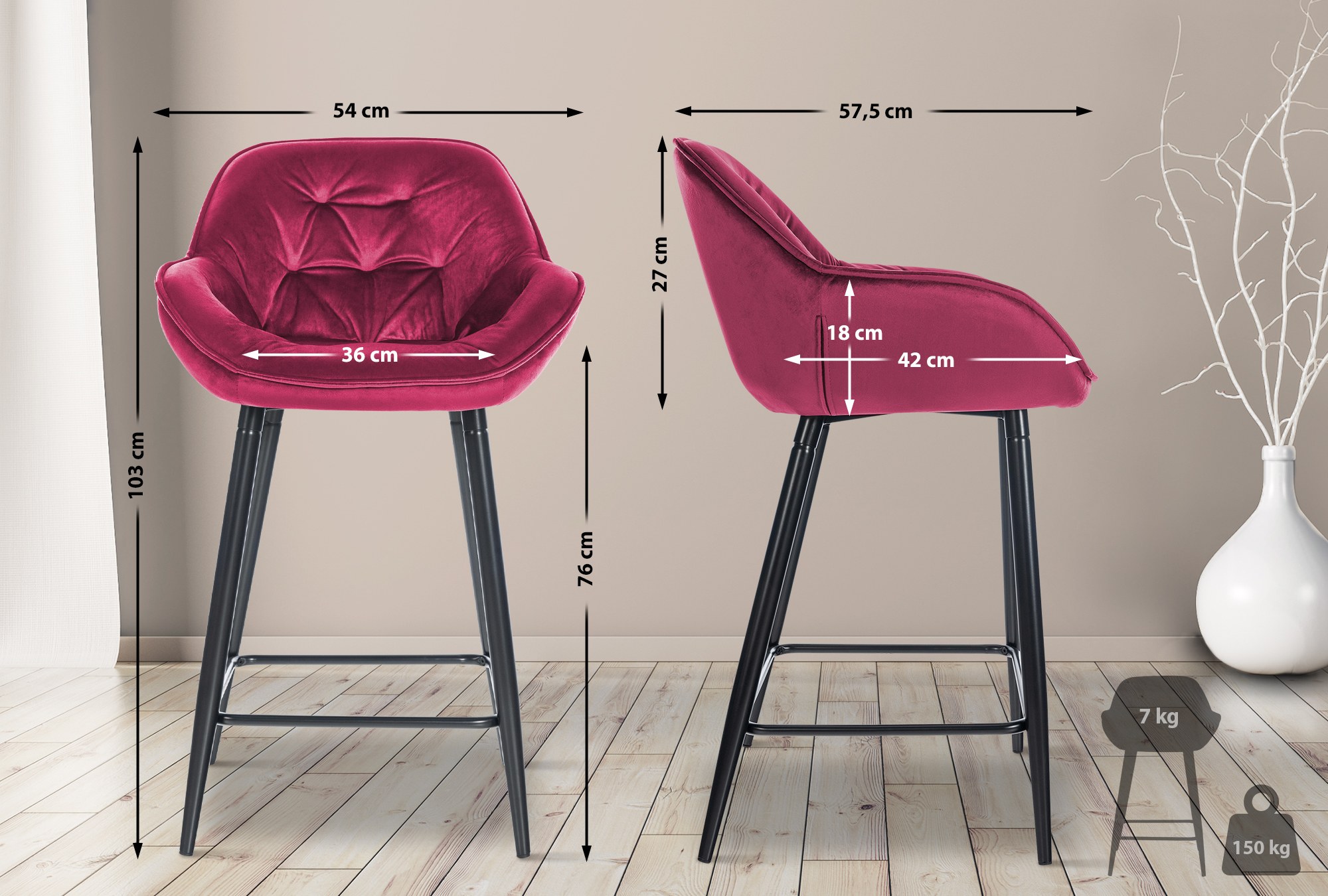2er Set Barhocker Gibson Samt Sitzhöhe 76 cm
