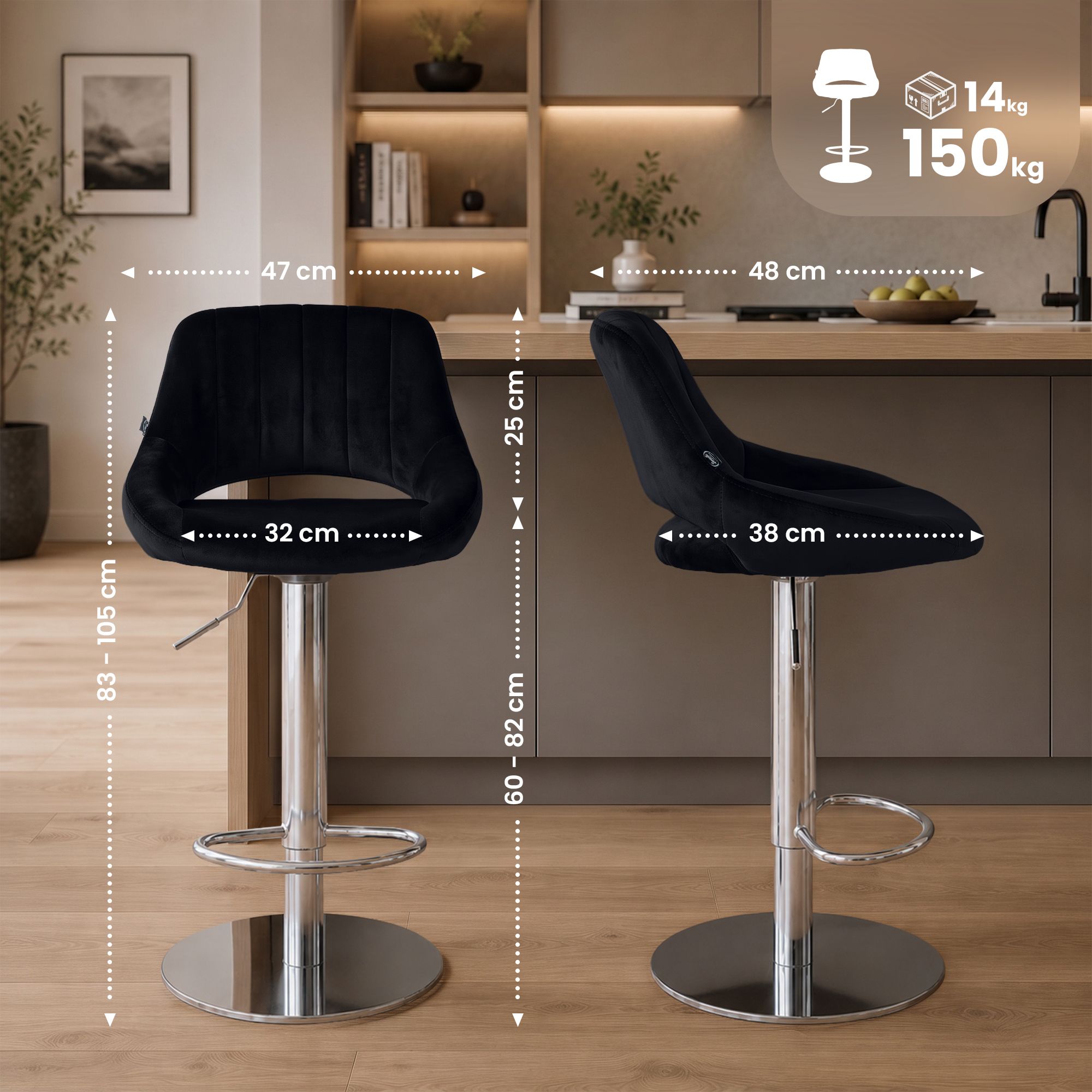 2er Set Barhocker Milet Chrom mit extra schweren Standfüßen