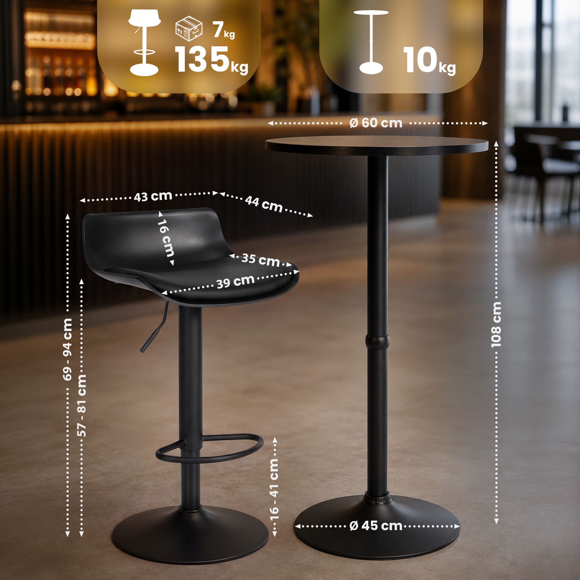 Bartisch-Set Navo mit zwei Barhockern in Lederoptik