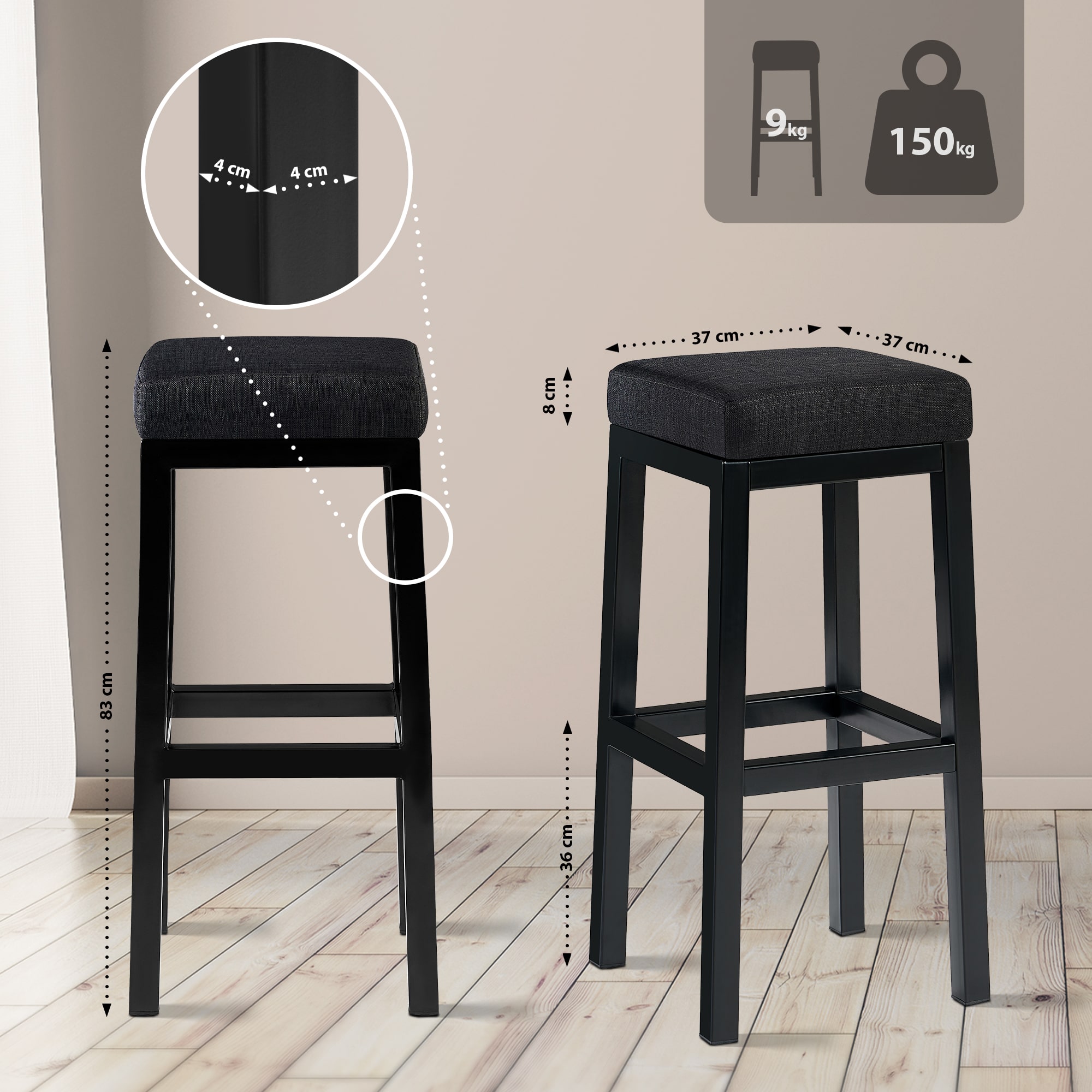 Barhocker Taylor Sitzhöhe 83 cm Metallgestell schwarz